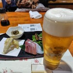 あわび亭 - お通し&生ビール（エビス）