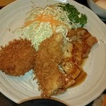 とんかつ しおん - 今日のしおんランチ（しょうが焼き、魚フライ、ポテトコロッケ