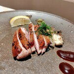 月と灯 - 舞茸と鴨肉のグリル　抹茶塩と柚子胡椒