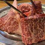 焼肉力丸 - 4種盛り　上ロースステーキと串焼ハラミが秀逸