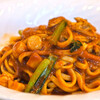In The Garden 135 - 生パスタセット 1430円 の小柱、アサリ、小松菜のエビトマトソース こぶみかんの香り