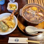 煮込みうどん かに屋 - 玉子入 味噌煮込みうどん+ミニ天丼