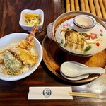 煮込みうどん かに屋 - 玉子入 味噌煮込みうどん+ミニ天丼