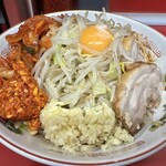 ラーメン二郎 - ラーメン（990円）＋汁なし（150円）＋スーパーにんにく（100円）＋SUPERキムチ（150円）、ニンニクコール
