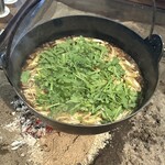 柳家 - 猪鍋　赤味噌　牛蒡　蕪　蒟蒻　なめこ　里芋　豆腐　葱　春菊　大根他