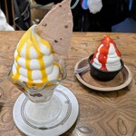 アイスビストロ ヒライ - オレンジショコラSとミルクソフトクリームのストロベリーソーストッピング