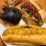 マルフクベーカリー - 料理写真:左からなっとうドーナツ、右ビストロフランク、下ちくわのフリッター
