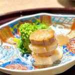 蓬左茶寮 - あん肝と炙り帆立の博多 花菜のお浸し