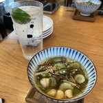 食堂かど。 - みらいスダチサワー¥770／お通しの酢の物