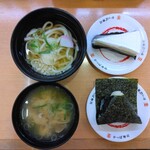 Kappa壽司 秋田廣面店 - かけうどん：９０円+しっとりクリームケーキ９０円+香ばし炙りおにぎり９０円+あさりの味噌汁９０円（各税込）【２０２５年１２月撮影】