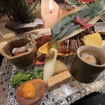 銀座 しのはら - 青味大根 金山寺味噌乗せ 数の子 菜の花の胡麻和え チーズの漬け 小鰹まぶし サーモン シャインマスカット巻き 黄身酢