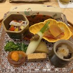 銀座 しのはら - 飛騨牛のタルタルステーキ チシャ 大根 京人参のなます 唐墨 茶ぶり海鼠