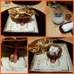 日本料理 十三蔵 - 焼き物：焼きカニ味噌ゴマ豆腐、牛蒡チップ、揚げ稲穂、ハジカミ、茄子漬け