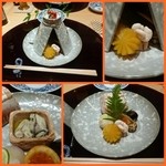 日本料理 十三蔵 - 八寸：明石鯛の手まり寿司、黒豆のゼリー寄せ、安納芋も菊花、イクラを金柑の器で、クワイ、あん肝に鱈の白子トッピング、牡蠣の燻製