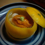 松川 - 【冬】フグ白子と北海道の雲丹の柚釜、大根おろしのお出汁とともに(2014.12.13)