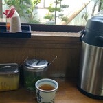 釜あげうどん 長田 in 香の香 - お茶もツユも同じ器です。ポットは冷やだし。