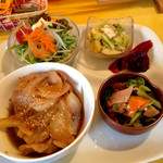 アリクイ食堂 - ランチメニューの生姜焼き定食。メインの生姜焼きに野菜ものの副菜が３品と漬物がワンプレート出てくる。これに食べ放題の押麦入りごはん、味噌汁、セルフで飲み放題のコーヒーが付く。