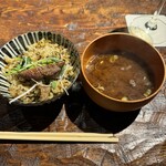 鉄板焼 炭焼 さいとう - 高菜ガーリックライス、伊勢海老のお椀