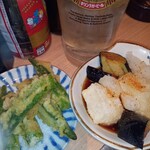 立ち呑み 晩杯屋 - オクラ天&ナス餅の揚げ浸し
