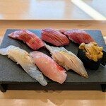 鮨 塩釜港 銀座 極 - 大トロ、中トロ、赤身、平目、金目鯛、サワラ、雲丹