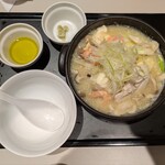 デニーズ - 海老とハーブ鶏のスープご飯　わさび、オリーブオイル