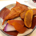 寿司栄 - バチこ、からすみのなま、ブランデー漬け、日本酒漬け。