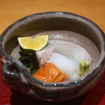 日本料理 幸庵 - 赤貝、アオリイカ、マツカワガレイ、マツカワガレイのエンガワ