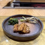 Rakumiden - Grilled Giant Eel Kabayaki, Tempura of Seria, Canola Flower with Bakkemiso Dressing
