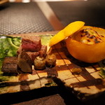 銀座 座屋 - 焼き物 仙台牛のサーロイン 大浦ごぼう 芽くわい 雲子と帆立の柚子釜焼き ブロッコリー 百合根 2014.12.1x