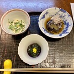 福の川いしだ - 芹の胡麻和え 金時草のお浸し 茄子の煮浸し