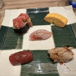 鮨 蒼風 - とろたく巻き　漬けまぐろ　金目鯛　煮蛤　玉子