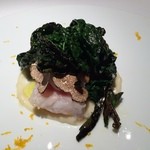 レフェルヴェソンス - 甘鯛をさっと焼いて、里芋のピュレと黒トリュフの香り、カーボロネロ、鱗のクリスプ、百合根、柚子