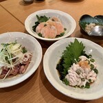 UMAMI日本酒弐番館 - 鶏ハツ、あん肝ぽん酢、白子ぽん酢、たこわさ