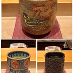 鮨 はしもと - 写真上：京都、鈴木爽司作
      写真右下：多治見、西岡悠作
      素敵な湯呑み達、良い品物らしいですよ！