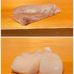 鮨 はしもと - お刺身
      写真上：ヒラメ 北海道松前より
      写真下：帆立貝 北海道野付より