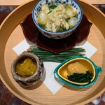 日本料理 かしづき - 茶碗蒸し・松葉ガニ・菊菜餡、あん肝、茶ぶりなまこ。