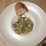 イタリア料理を食べに行こう - 春菊と帆立　ペペロンチーノ◯