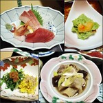 若松屋 村井六助 - お刺身、柿のずんだ、山菜と食用菊、芋煮