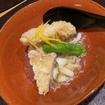 ふくのもと - 海老芋におかきをつけてあげたもののあんかけ