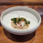 馳走西健一 - ◆伊勢海老
      活けの伊勢海老炭火焼き
      伊勢海老のミソソース
      玄米ともち麦のリゾット
      ケールの素揚げ
      梅干しの粉末