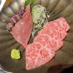 蕃 YORONIKU - ヒレの炙り、和牛のお刺身（トモサンカク）