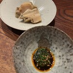 にしぶち飯店 - 鮑のフリット、肝入りよだれ鶏ソース