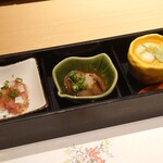 本格板前居酒屋 お魚総本家 - 季節の逸品を三品（ねぎとろ、蛍烏賊の沖漬け、茶碗蒸し）