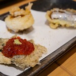 天ぷらとワイン 小島 - 海苔いくらカナッペ、からすみがけホタテ、椎茸ゴルゴンゾーラ