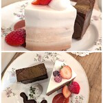 喫茶 tameiki - 写真追加：別の日のダブルチョコといちごのショートケーキ890円、ほうじ茶とチョコのテリーヌ720円、薬膳茶(温香)600円△セット割引50円✨️チョコショートは後ろ姿のグラデも素敵！