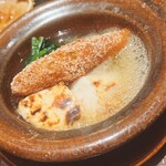 炎水 - フカヒレのおかき揚げと虎河豚白子の炭火焼き。お出汁はスッポンです（＾◇＾）