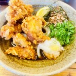 336445418 - 薬味ととり天、すべてが一皿の中で共演。レモンの黄色がアクセントになってるのもいい。