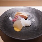 鮨 西崎 - 真カジキ、真鯛、水蛸、大根とカボス味噌