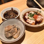 かつ巳 - 白子ポン酢　牡蠣のオイル漬け　バイ貝旨煮