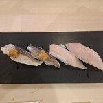 すしざんまい匠 - 炙り〆さば、炙りいわし、鰤トロの握りです。